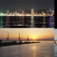 2024年5月5日　昨夜，今朝の風景　神戸港／夜景，有明の月，日の出，朝景