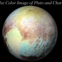 冥王星とカロンの疑似カラー地表画像