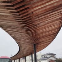 雨の日の平日の牛久駅の東口：木のアーケード