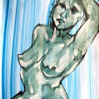 #nude female #casein base #blue back #sitting pose