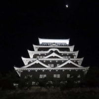 福山城　夜ライトアップと月　昼