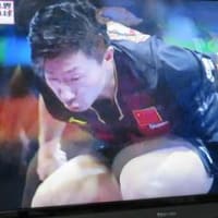 卓球の世界選手権で優勝した中国の馬龍選手が卓球台の上に飛び乗って勝利の雄叫びを