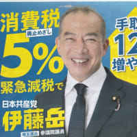 「ガク　ガク　ガク　伊藤岳」の参議院議員の伊藤岳です　消費税は今すぐ5％に！　手取りが１２万円の増に！