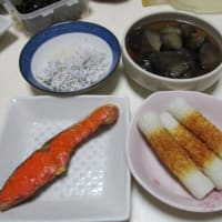 質素に少量-今日も元気----エビチリ、日向夏、デコポン、鮭の干物、竹輪、カレーうどん、カレーライス、雑炊