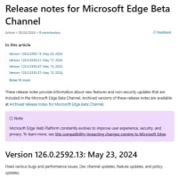 Microsoft Edge Beta チャンネルに バージョン 126.0.2592.13 が降りてきました。