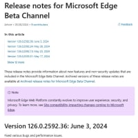 Microsoft Edge Beta チャンネルに バージョン 126.0.2592.36 が降りてきました。