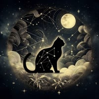 星と月が描かれた星空を背景にした繊細で神秘的な猫のシルエット
