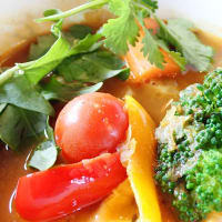 松本市蟻ヶ崎の「カフェ・れら」で手ごねハンバーグのスープカレー。さらさら系スープが好みです。