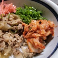ウチ食べしま専科：家内が吉野家牛丼の具（冷凍）と青ねぎとキムチで作った"青ねぎキムチ牛丼”をありがたく頂きました！