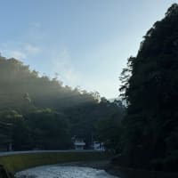 朝日の光芒と沢の滝