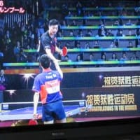卓球の世界選手権で優勝した中国の馬龍選手が卓球台の上に飛び乗って勝利の雄叫びを