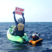 長島近くの航路で埋め立て用土砂を運ぶガット船に抗議