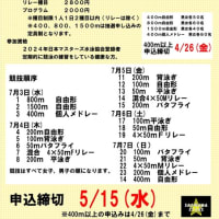 【エントリー】第39回　日本マスターズ水泳選手権大会　締切5/15(水)　※400ｍ以上の申込みは4/26(金)までとなります。