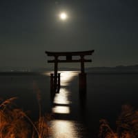 びわ湖に建つ......鳥居に満月