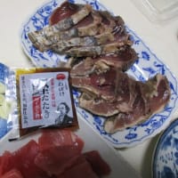 質素に少量-今日も元気----イカの醬油焼、イチゴ＋栄養補助ドリンク、喜多方ラーメン、鰹のタタキ、マグロの刺身