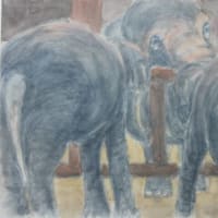 楽描き水彩画「ゾウ親子の朝の会話」