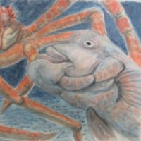 楽描き水彩画「会話するタカアシガニとコブダイ」