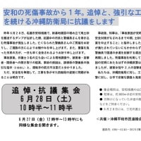 明日（６月２８日・土）は、安和桟橋での死傷事故からちょうど１年。現地での追悼・抗議集会にお集りください！