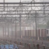 雨に打たれる貨物列車
