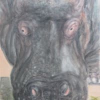 楽描き水彩画「食事するカバ」