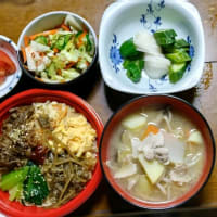 6/30　ばんごはん　ビビンバ丼、豚汁