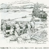イラストで訪ねる懐かしの魚梁瀬森林鉄道・・・田野海岸での船積み作業