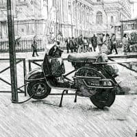 パリの街角　スクーター　素描風