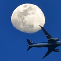 月齢１０．８の月と飛行機の交差