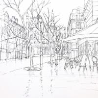 今日の絵は「雨のパリの街角」のペン描き下絵です