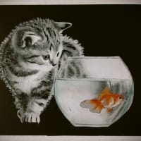 ◆切り絵「仔猫と金魚」　2Lサイズ			