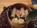 籠盛り だだちゃ豆 焼売シルクポーク行者にんにく巻き 鳥ひき肉のアスパラ巻き