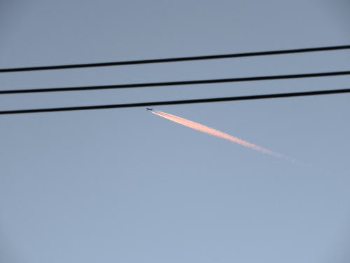 夕日に染まった飛行機雲