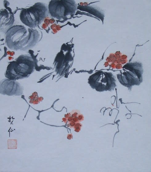 見かけることの少なくなったサルトリイバラ 水墨画 哲仙の水墨画