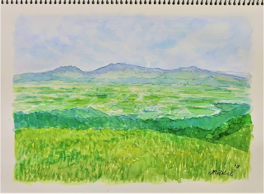 大観峰から阿蘇五岳を望む」の絵です - どろ亀のプロムナード