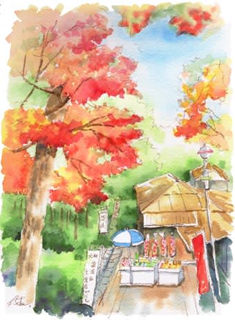 筑波山の紅葉と茶屋 おさんぽスケッチ にじいろアトリエ 水彩 色鉛筆イラスト スケッチ