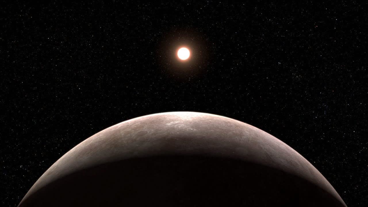 赤色矮星“LHS 475”（奥）を公転する太陽系外惑星“LHS 475 b”（手前）のイメージ図。（Credit: Illustration: NASA, ESA, CSA, Leah Hustak (STScI)）