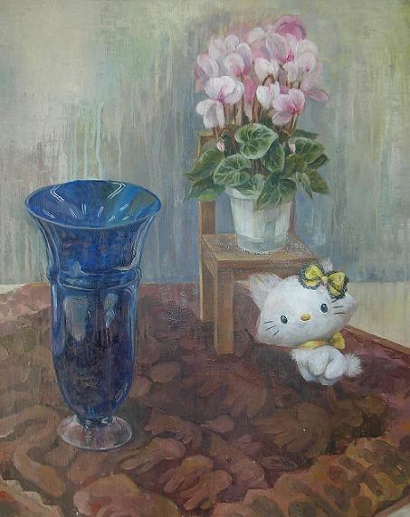 油絵41 青い花瓶とシクラメンとぬいぐるみ - Colors of Breath