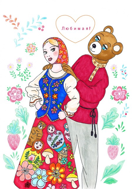 マトリョーシカを着たマトリョーシカっぽいロシアの女の子 レトロガーリーなドール服とぬりえ
