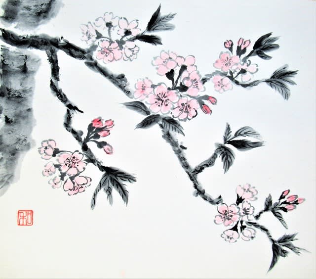 桜 安行桜 を墨彩画で描く 里山悠々録 桜 安行桜 を墨彩画で描く 里山悠々録