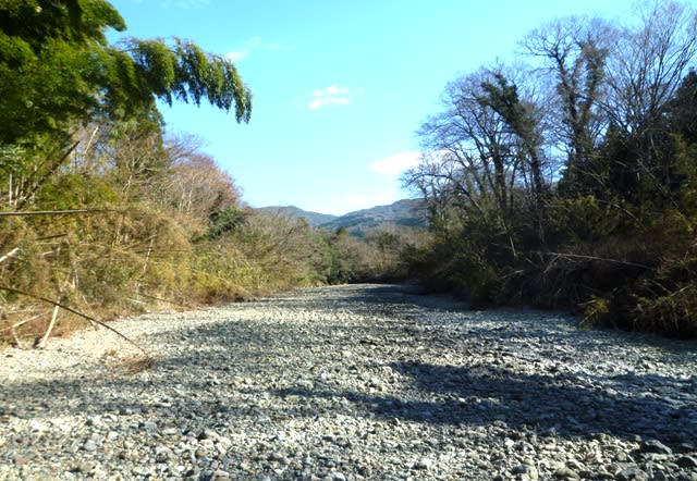 上野町の在所を迂回して流れる、干上がった冬枯れの横輪川