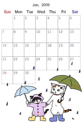 長靴を履いた猫ニャンたち 猫カレンダー6月イラスト 猫と千夏とエトセトラ