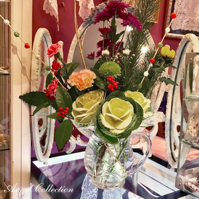 アンティークフランス 紫小花 スミレの花束刺繍 ブルーリボン シルク