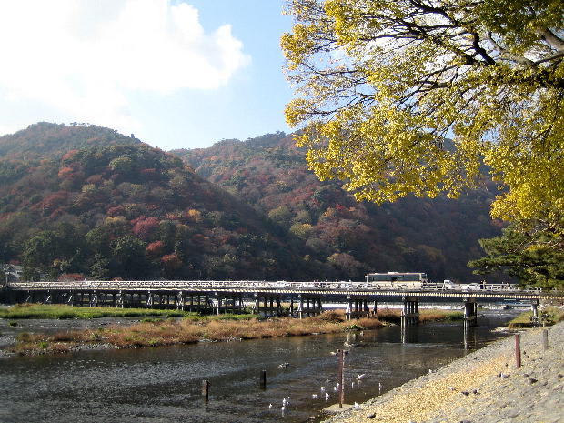 嵐山・渡月橋。マウスオンすると嵯峨野の紅葉が！