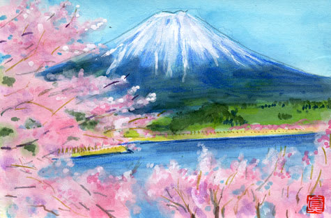 桜と雪 - 富士山の水彩画