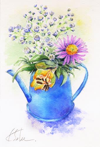 青いジョウロと花 おさんぽスケッチ にじいろアトリエ 水彩 色鉛筆イラスト スケッチ