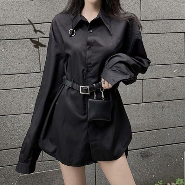 シャツ ブラウス ベルト付き ミニバッグ付き 長袖 韓国ファッション レディース 黒 ブラック おすすめショッピング