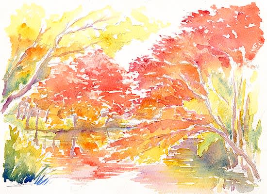 水彩画・紅葉の散歩道・原画 水彩画・紅葉の散歩道・原画 注文制作します 水彩画原画 紅葉の