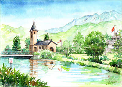 スイスアルプスの村 おさんぽスケッチ にじいろアトリエ 水彩 色鉛筆イラスト スケッチ
