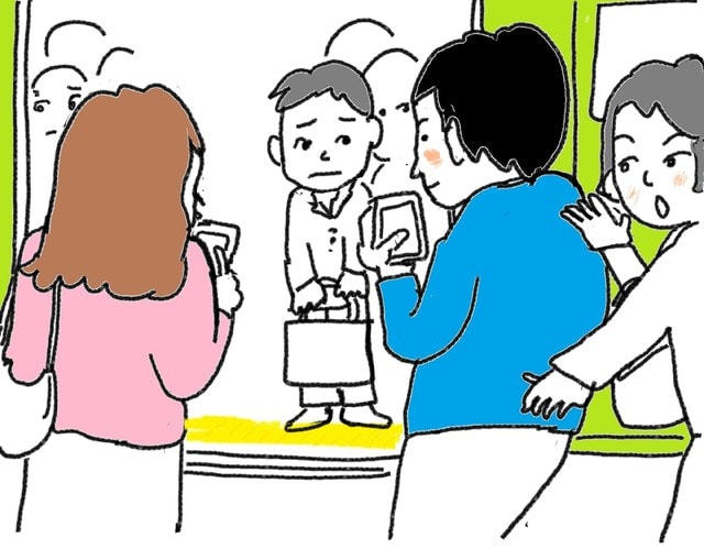 満員電車で迷惑なこと 一度おりてください スーザンの日本語教育 手描きイラスト