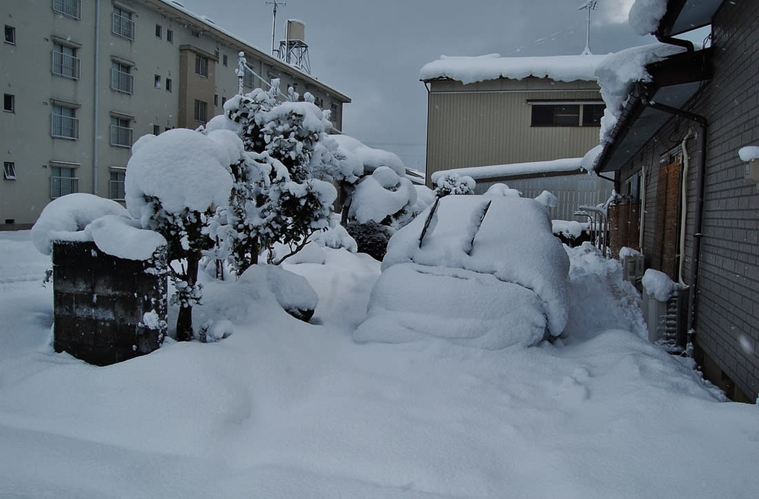 車は雪の下 屋根から落ちた雪が窓際まで 立山日和